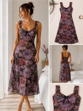 Mesh Floral Peasant Ruffle Sleeve Sweetheart Black & Purple Nightgown Dress S